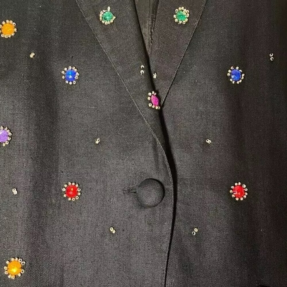 Adam Douglass Adriana Papell Blazer Size S Black Embellished Long Linen 90s Y2K - Picture 4 of 11